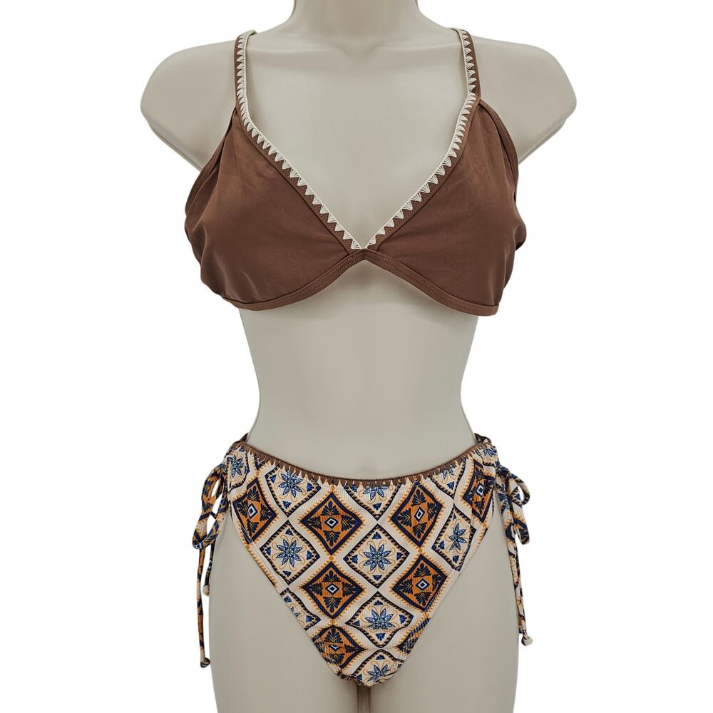 Cupshe Womans size M Canyon Sun Boho Lace Up Tie Back Bikini Brown/Cream NEW